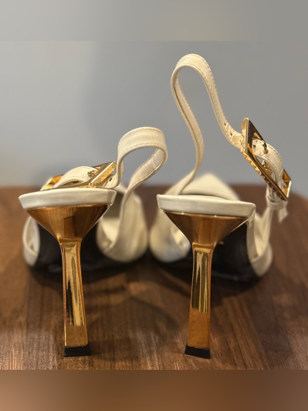 SCHUTZ Cream Pointed Slingback Heels with Gold Buckle & Gold Heel - Picture 6 of 9